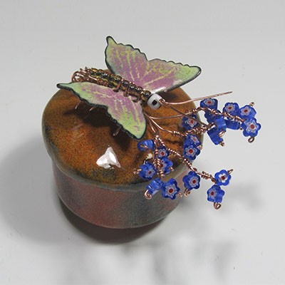 Vessel glass enamel with butterfly and forget me not flowers