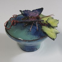 Glass enamel vessel blue with butterfly and leaves